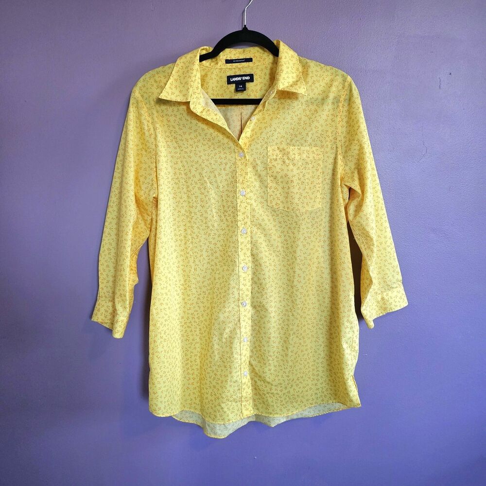 Lands' End Yellow Floral No Iron Supima Cotton 3/4 Sleeve Preppy Buttoned Shirt
